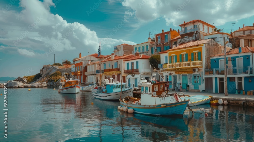 Obraz premium A picturesque Greek island harbor lined with colorful buildings and fishing boats