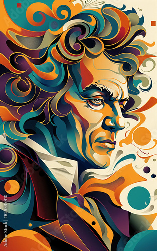 Vibrant, abstract portrait of composer ludwig van beethoven, featuring flowing lines and geometric shapes in a modern artistic interpretation photo