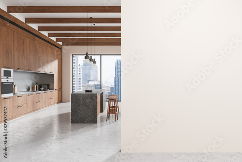 Stylish home kitchen interior with bar island and cabinet, window. Mockup wall