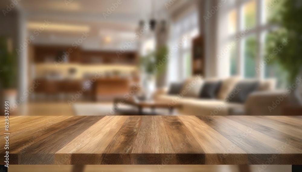 Wooden tabletop with a sleek and stylish living room in the background. Wooden tabletop with a sleek and stylish living room in the background.
