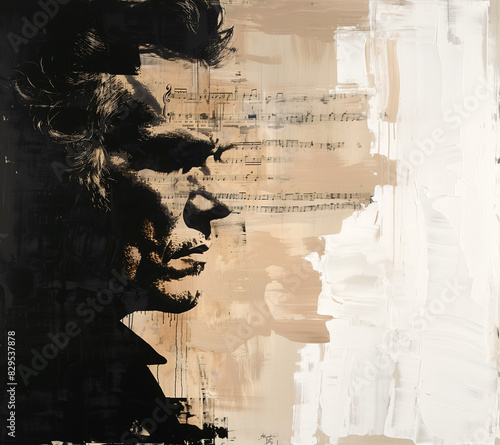 Artistic illustration of composer ludwig van beethoven with intense gaze set against a vintage sheet music background, capturing his timeless legacy