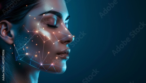 Beautiful woman with closed eyes and lines of digital facial biometric. Lifting lines, advertising of face contour correction, female face skin lifting. Facial rejuvenation concept, cosmetology photo