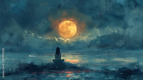 A drawing of a peaceful figure meditating under a full moon.