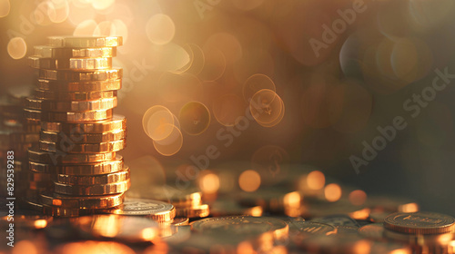 a stack of coins with a light shining on them photo
