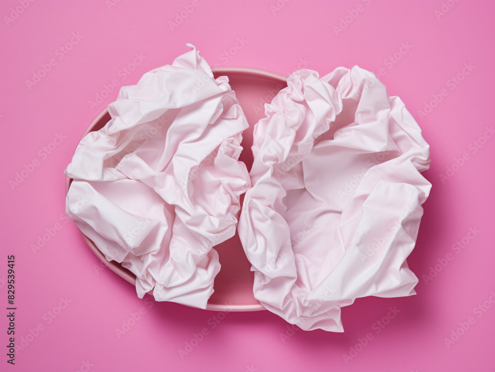 a pink dish with white paper on it a pink dish with white paper on it