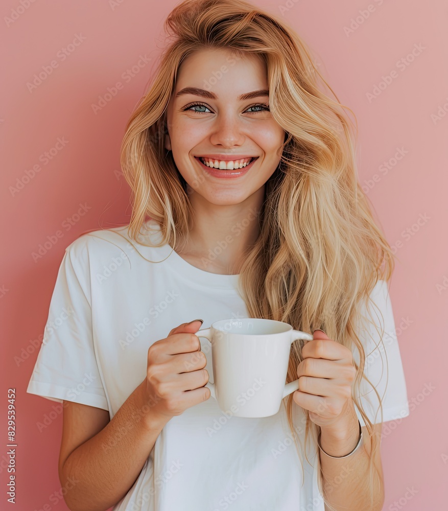 A happy blonde female model holding a white empty cup A happy blonde female model holding a white empty cup