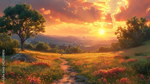 A drawing of a peaceful landscape with a radiant sunrise.