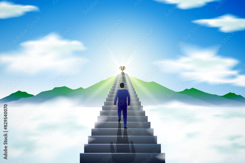 Fototapeta premium illustration of people climbing stairs to a trophy at the top of a mountain covered in sparkling light