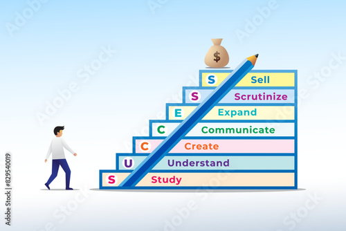 illustration of people starting to climb the stairs towards a sack of money with the acronym success at each step