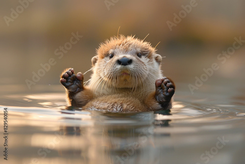 A baby otter floating on its back in the water, looking content