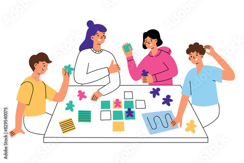 Family playing strategy board game, adults and children having fun together. Hand drawn composition with table game. Leisure activity and hobby for friends. Vector illustration of strategy game