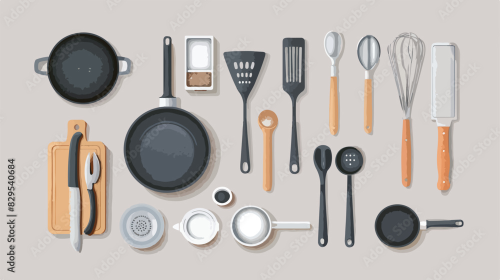 Set of cooking utensils on grey table flat lay cartoon