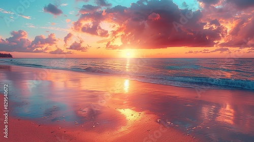 A vibrant image of a tranquil beach with a glowing sunset.