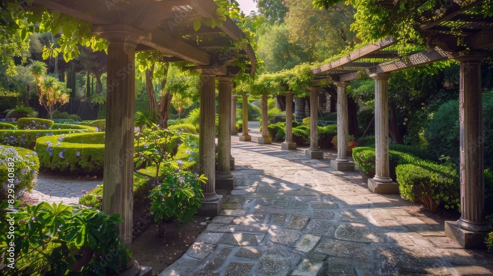 A tranquil garden with winding pathways and Greek-style pergolas A tranquil garden with winding pathways and Greek-style pergolas