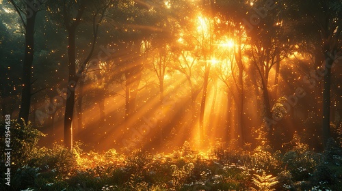 An illustration of a golden sunbeam shining through trees. © Sang