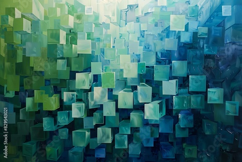 A geometric waterfall of cascading cubes in shades of blue and green