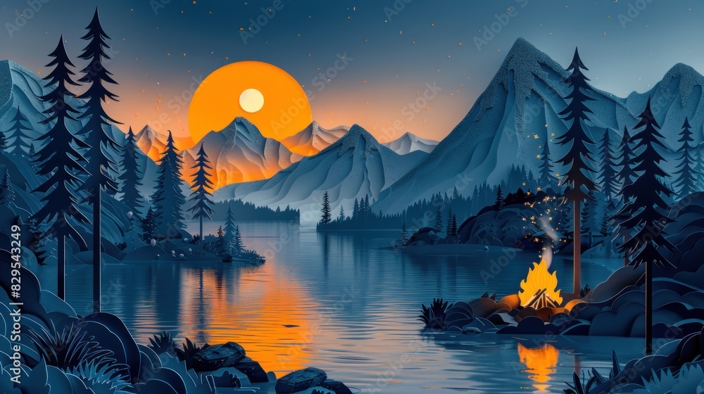 Exquisite paper cut featuring a serene lakefront campsite with coffee brewing over a campfire