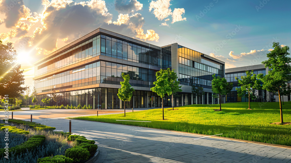 a building with glass windows and grass in front of it a building with glass windows and grass in front of it