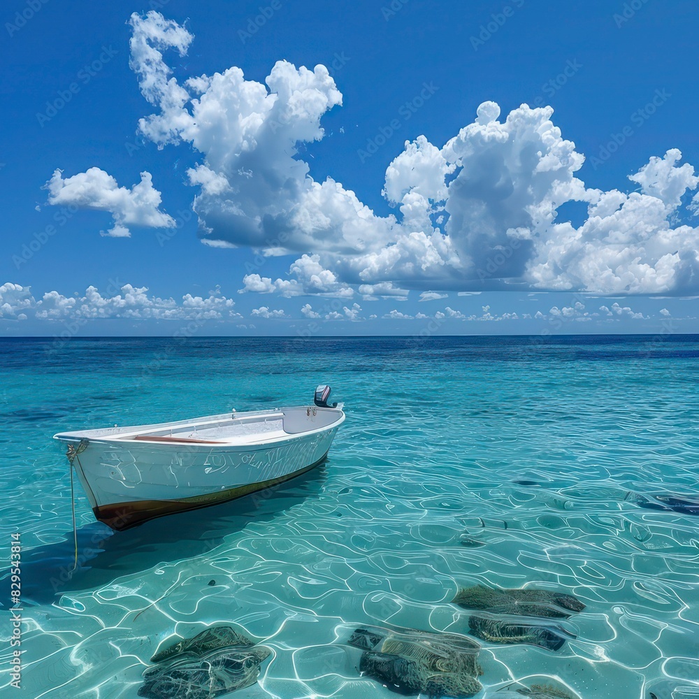 Boat in turquoise ocean water with sky Boat in turquoise ocean water with sky