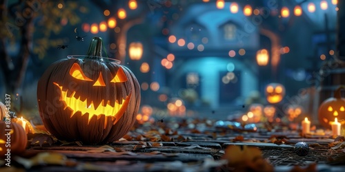 Spooky Halloween Pumpkin Lantern Glowing with Candlelight