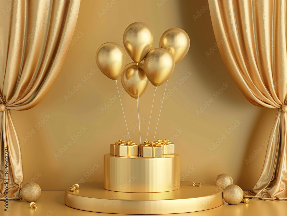 a gold cake with balloons and presents a gold cake with balloons and presents