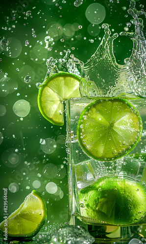 Lime slices in water with ice cubes, closeup, high resolution photography, green background.