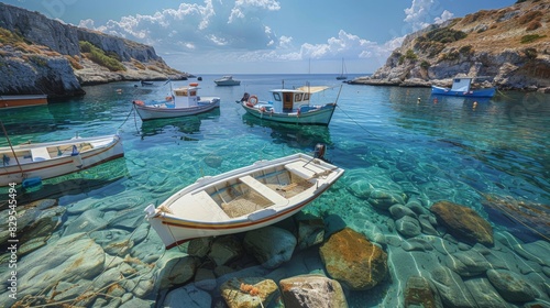 A serene Greek island harbor with fishing boats bobbing in the crystal-clear waters