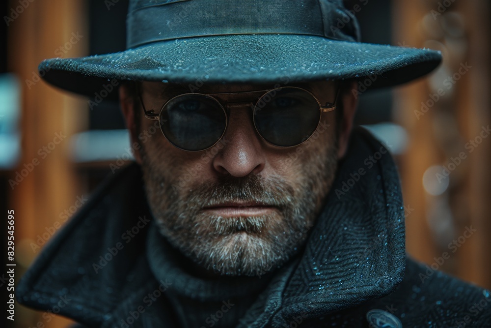 Moody image of a bearded man wearing a hat and sunglasses, exuding a mysterious vibe Moody image of a bearded man wearing a hat and sunglasses, exuding a mysterious vibe