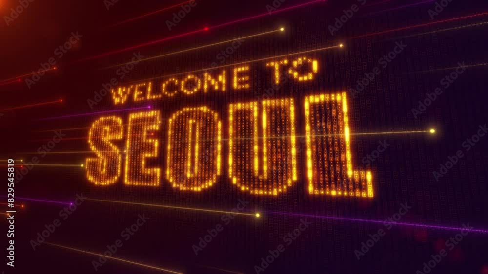 Abstract Futuristic Motion Orange Purple Shiny Perspective Square Hud Mosaic Grid Of Welcome to Seoul Digital Display Text Reveal With Dotted Lines Light Flare, Seamless Loop Abstract Futuristic Motion Orange Purple Shiny Perspective Square Hud Mosaic Grid Of Welcome to Seoul Digital Display Text Reveal With Dotted Lines Light Flare, Seamless Loop