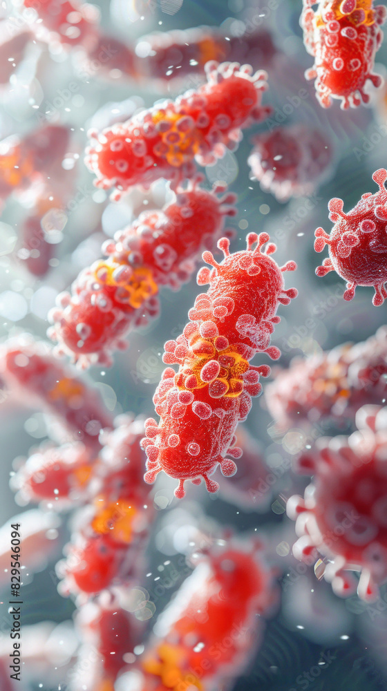 A computer generated image of a cluster of red bacteria suspended in a liquid environment A computer generated image of a cluster of red bacteria suspended in a liquid environment