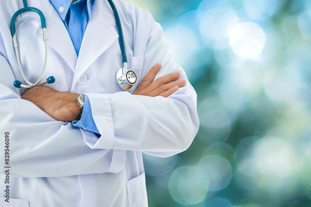 Doctor in uniform holding stethoscope and crossed arms. Hospital or clinic background and copy space Doctor in uniform holding stethoscope and crossed arms. Hospital or clinic background and copy space