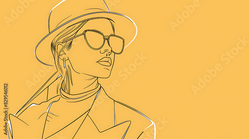 Fashion illustration of a woman wearing a hat and sunglasses. The woman is looking to the side with a serious expression. photo