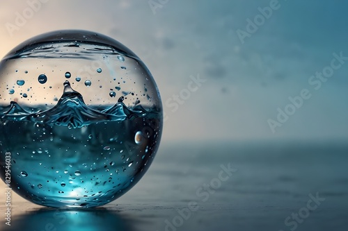 Water splash in sphere glass at the sea background.