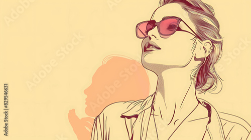 Beautiful young woman wearing sunglasses looking away from the camera with a dreamy expression on her face.