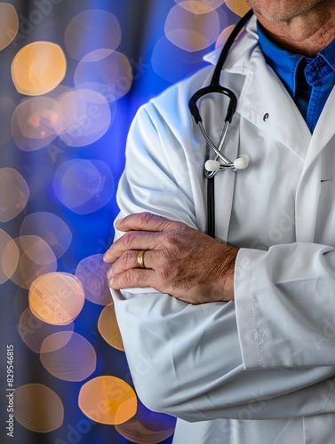 Doctor in uniform holding stethoscope and crossed arms. Hospital or clinic background and copy space