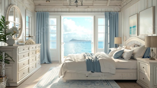 A coastal-themed bedroom with whitewashed furniture, nautical decor, and a view of the ocean through large windows. photo