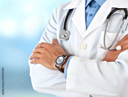 Doctor in uniform holding stethoscope and crossed arms. Hospital or clinic background and copy space