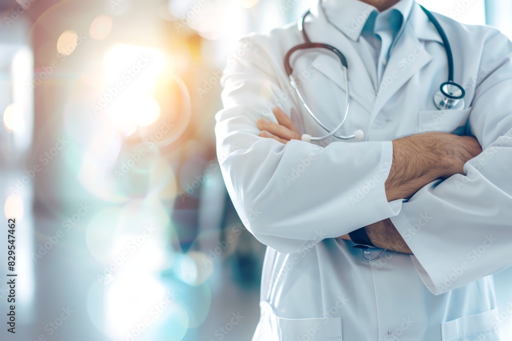 Doctor in uniform holding stethoscope and crossed arms. Hospital or clinic background and copy space Doctor in uniform holding stethoscope and crossed arms. Hospital or clinic background and copy space