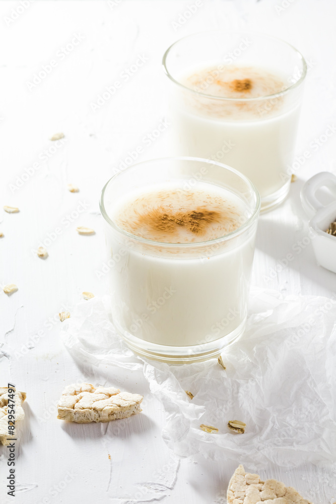 Protein source oat milk homemade product side view Protein source oat milk homemade product side view