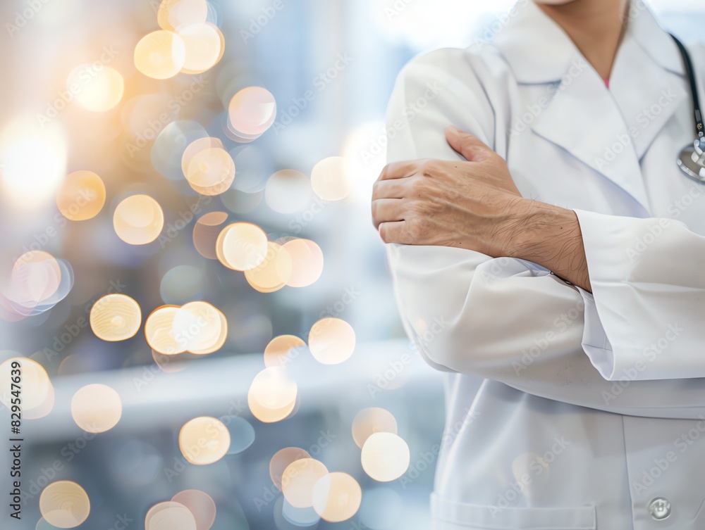 Doctor in uniform holding stethoscope and crossed arms. Hospital or clinic background and copy space Doctor in uniform holding stethoscope and crossed arms. Hospital or clinic background and copy space