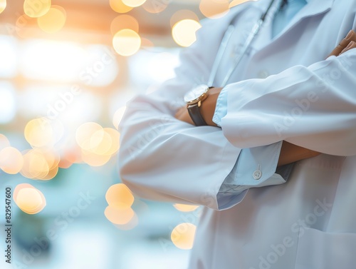 Doctor in uniform holding stethoscope and crossed arms. Hospital or clinic background and copy space