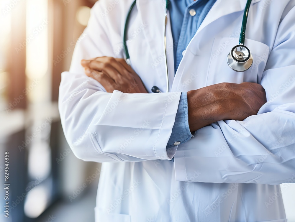Doctor in uniform holding stethoscope and crossed arms. Hospital or clinic background and copy space Doctor in uniform holding stethoscope and crossed arms. Hospital or clinic background and copy space