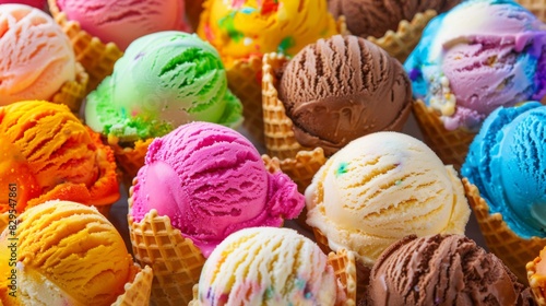 A colorful assortment of scoops of ice cream in vibrant flavors  nestled in crispy waffle cones for a delightful treat.