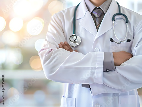 Doctor in uniform holding stethoscope and crossed arms. Hospital or clinic background and copy space