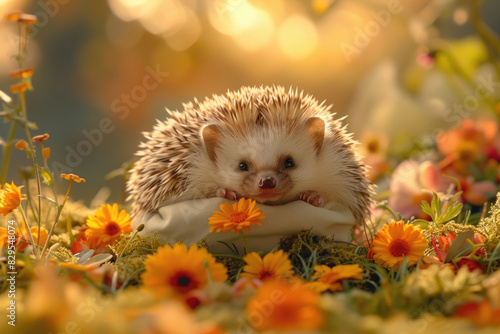 A baby hedgehog curled up into a ball on the grass, looking shy