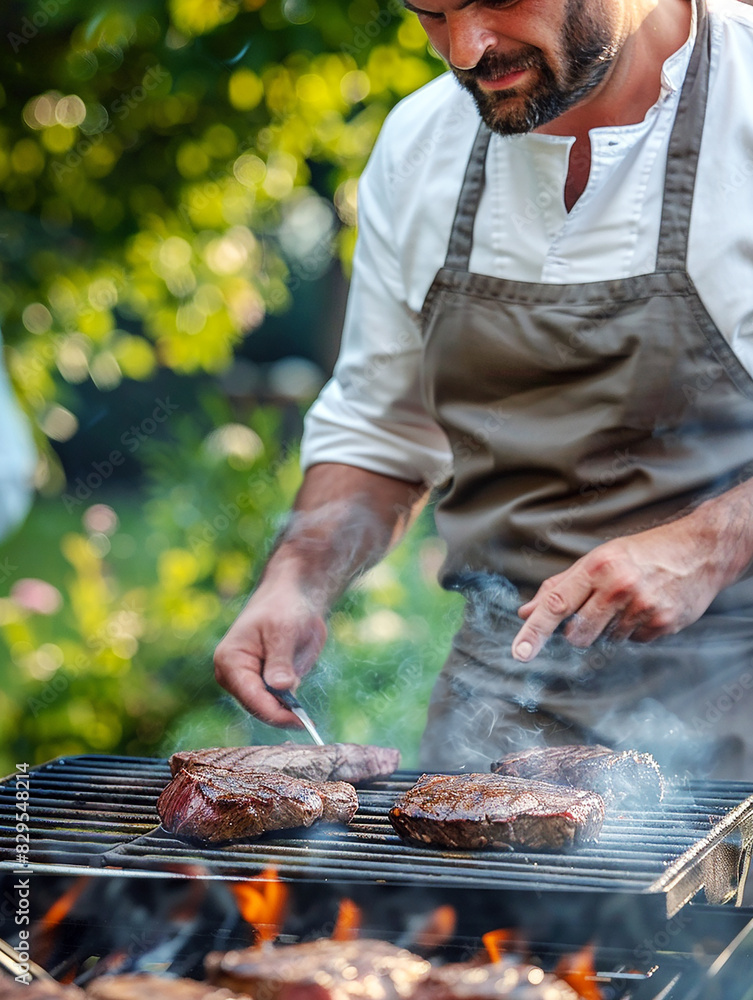 Smiling man grilling in the garden. AI generative. Smiling man grilling in the garden. AI generative.
