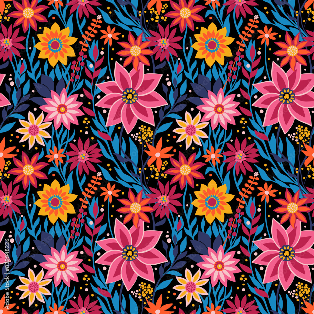 Flower Field in Bright Neon Pink, Blue, Orange, Yellow Colors on Black, Seamless Vector Random Pattern. Great for Textile, Surface, Wallpaper, Wrapping, Fabric, Decor Ornament, Scrapbook Craft Paper.