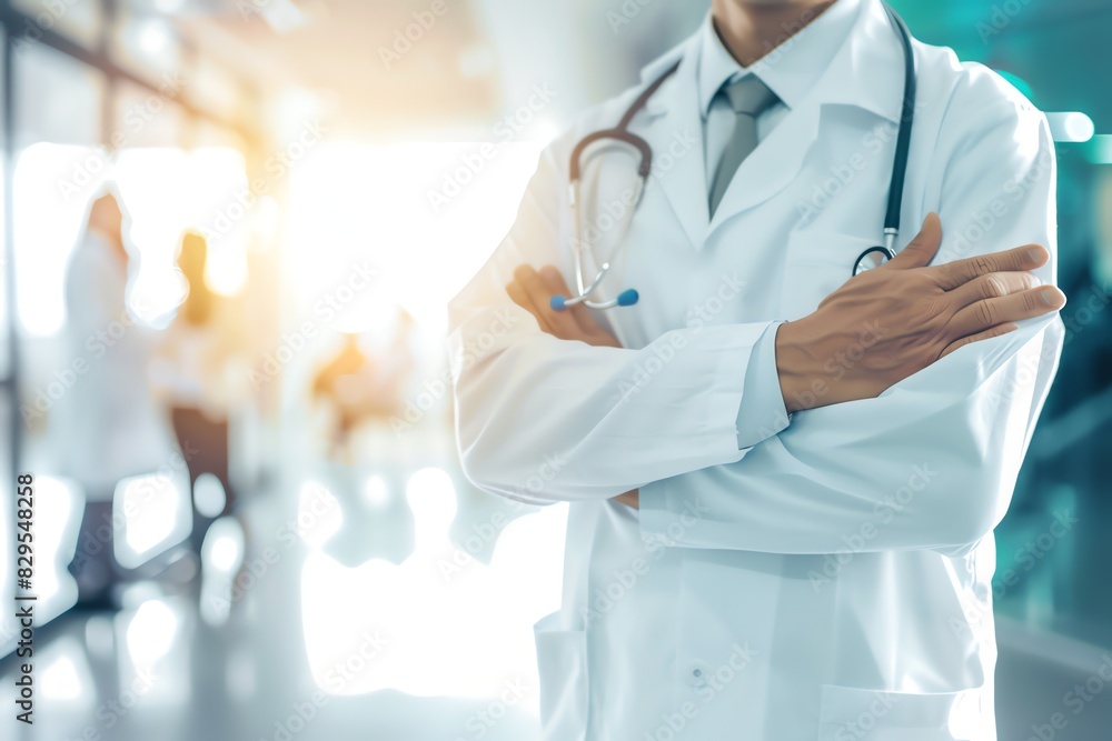 Doctor in uniform holding stethoscope and crossed arms. Hospital or clinic background and copy space Doctor in uniform holding stethoscope and crossed arms. Hospital or clinic background and copy space