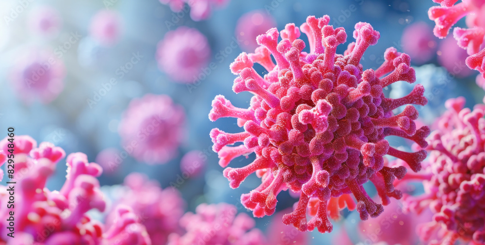 The image features a detailed view of a pink virus set against a backdrop of blue The image features a detailed view of a pink virus set against a backdrop of blue