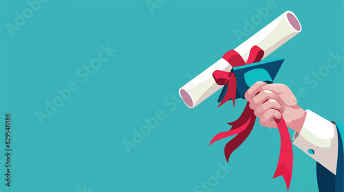 Student holding rolled diploma with ribbon on light background